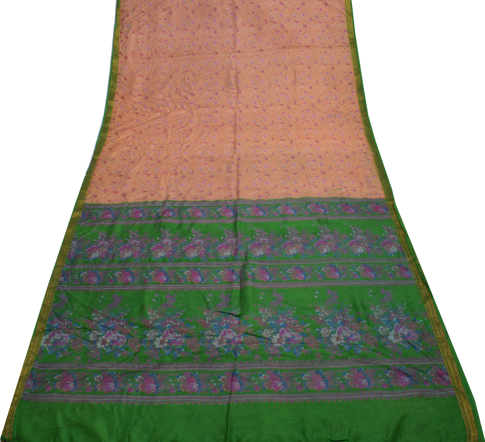 Sushila Vintage Light Orange Saree Pure Silk Printed Floral Soft Craft Fabric