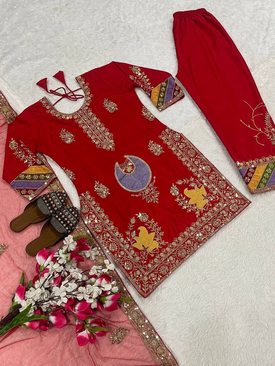 Red Natural Crep Silk Stylish Salwar Kameez With Dupatta For Indian Party Wear