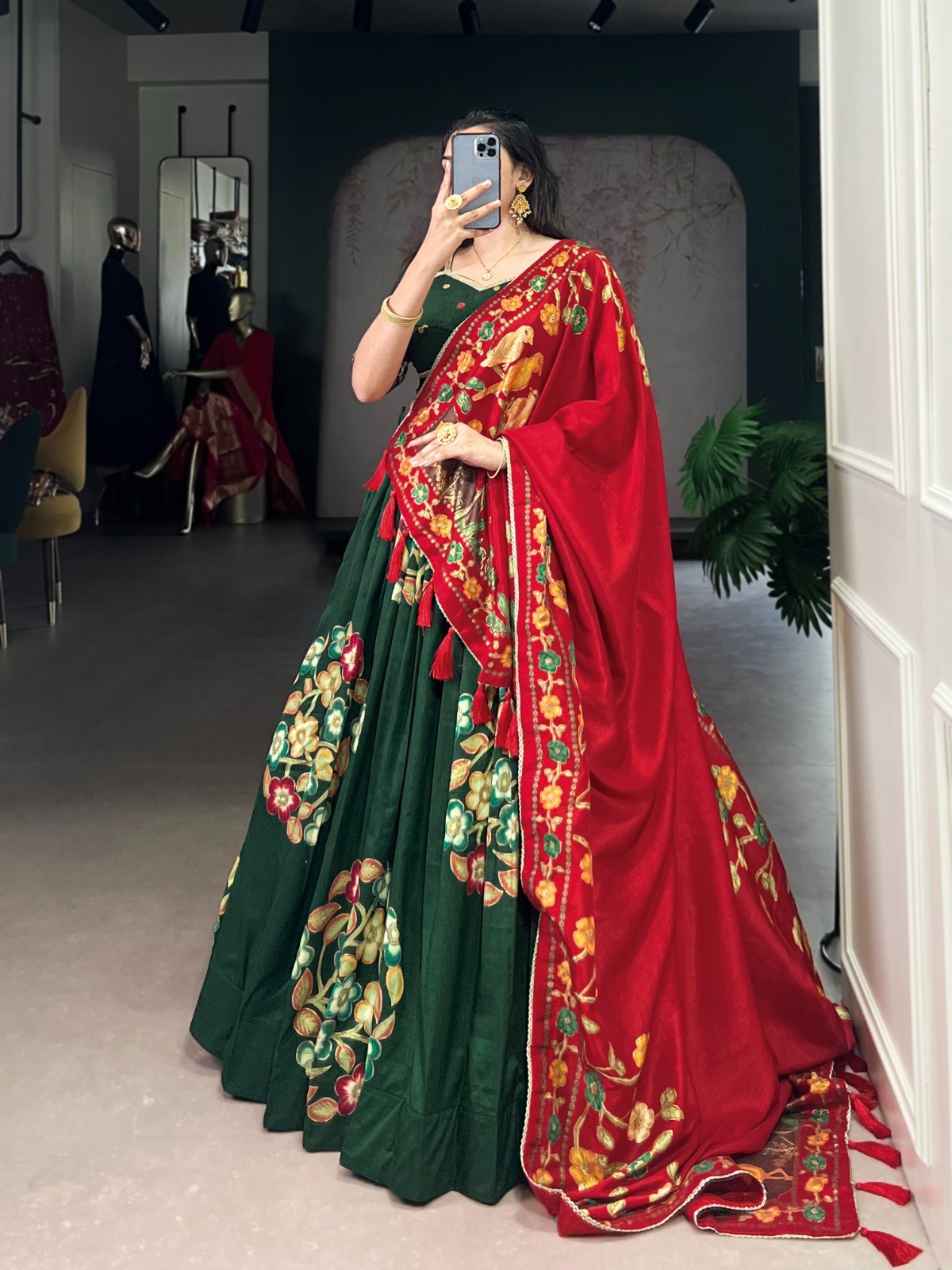 Indian Traditional Tasar Silk Lehenga Choli Foil Print Cultural Outfit For Women