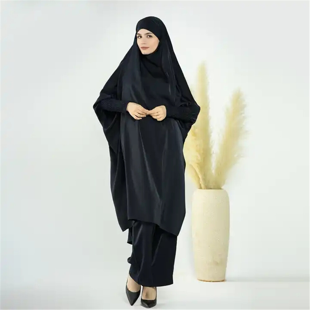2pcs Set Abaya Women Muslim Prayer Tops Wide Leg Pant Prayer Khimar Islamic Arab