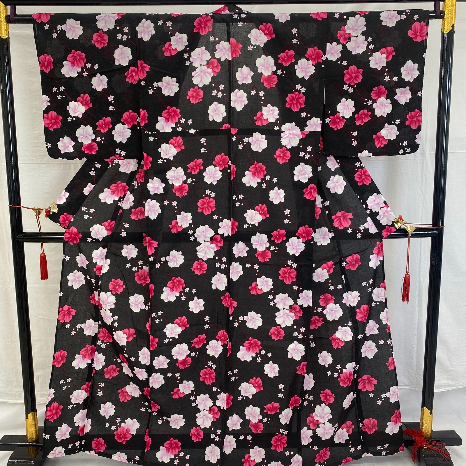 Japanese Vintage Kimono Yukata Cotton Black No Lining Traditional Length 63 in