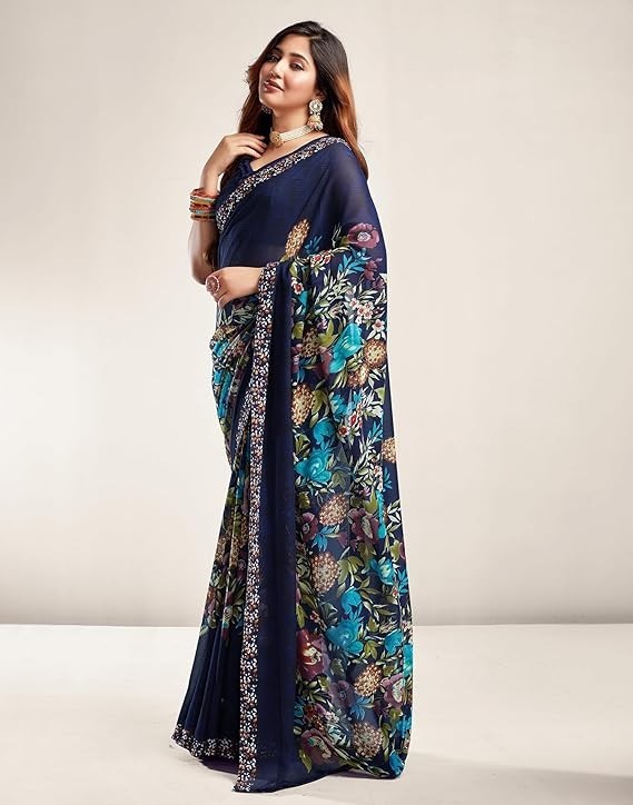 Women’s Floral Printed Georgette Saree with Unstitched Blouse Piece