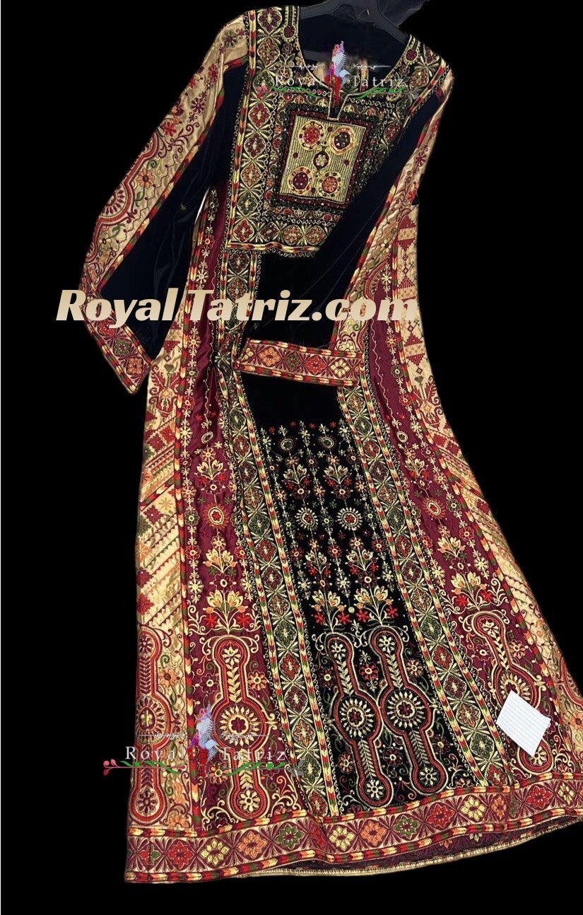 Tatreez Malacca Black Silk Velvet Stoned Embroidered Fellahi Thobe