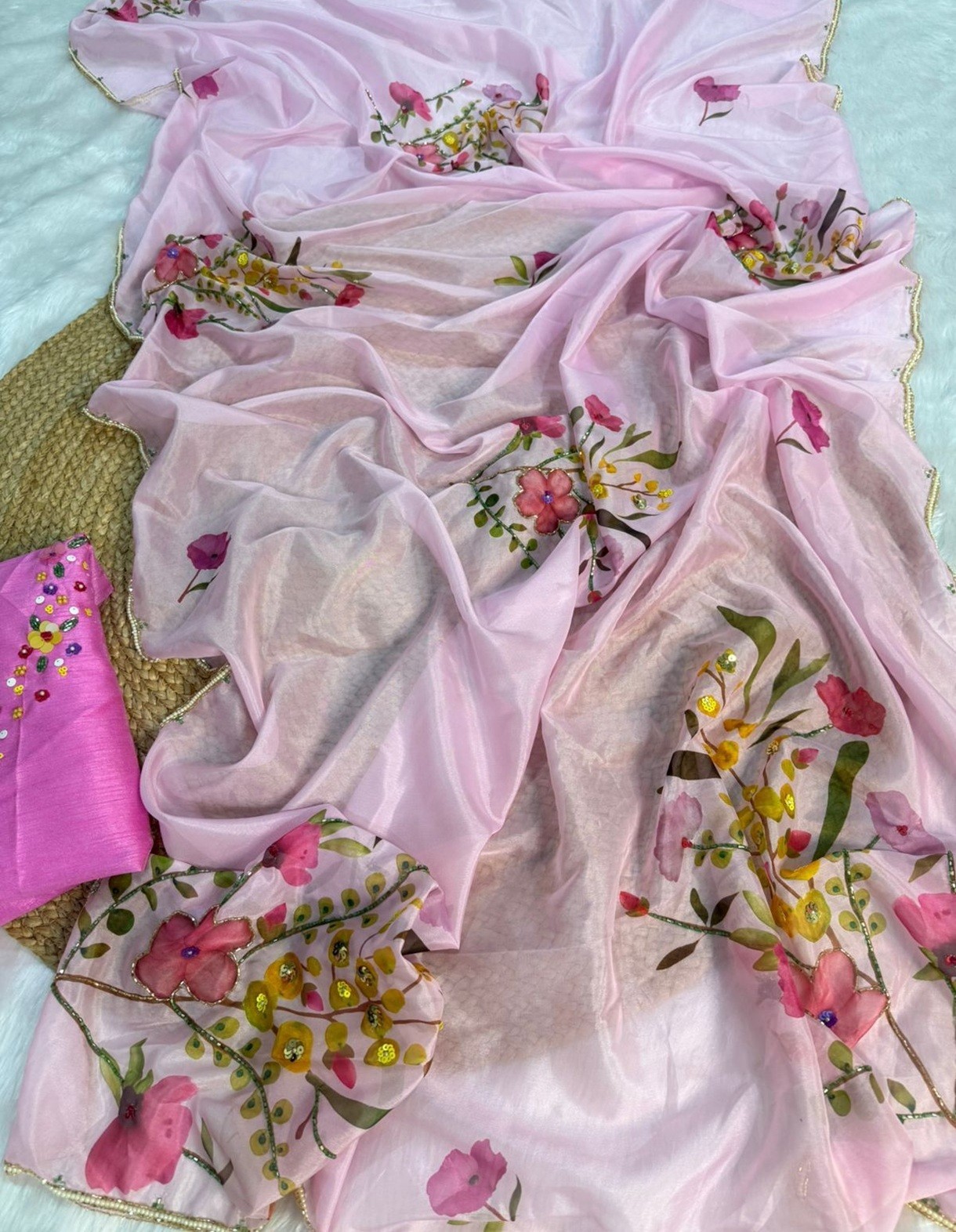 Tebby Silk Floral Saree with Cutdana & Sequence Handwork With Cutwork Border
