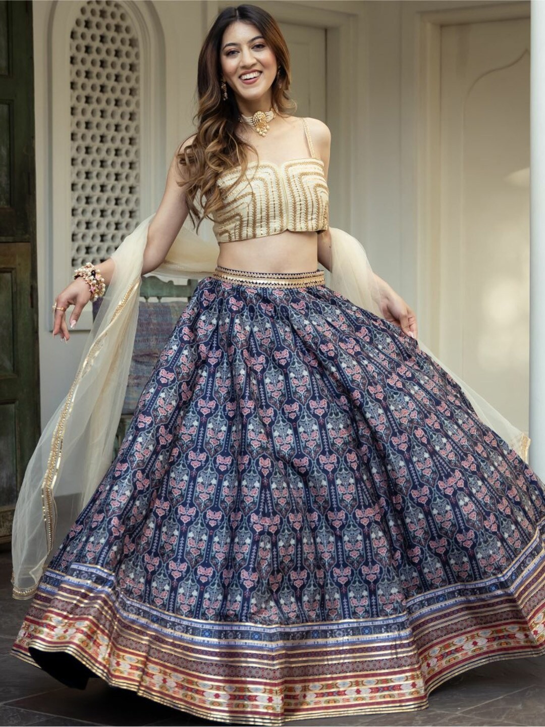 Festive Party Wear Organza Lehenga Choli With Digital Print & Mirror Work