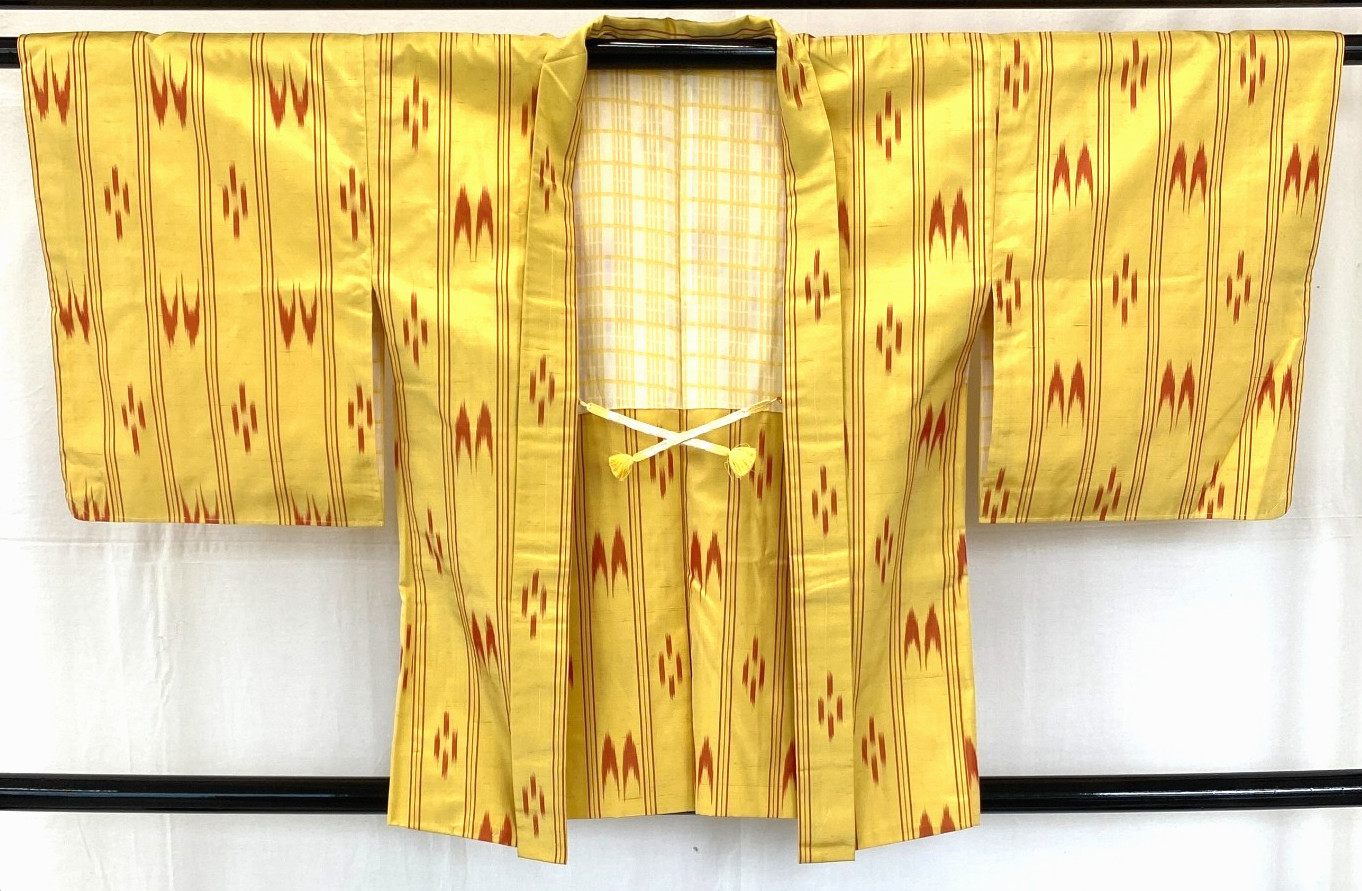 Japanese Vintage Kimono Haori Jacket Silk Yellow Tumugi Traditional 30 in