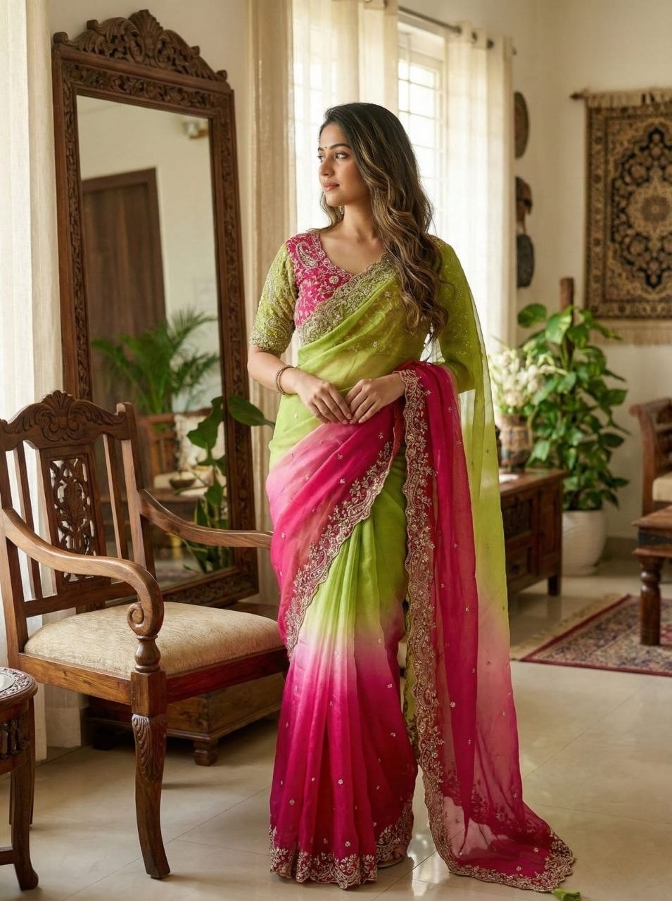 Soft Satin Saree Fancy C Pallu Sequence Zari Work Full Stitched Blouse for Women