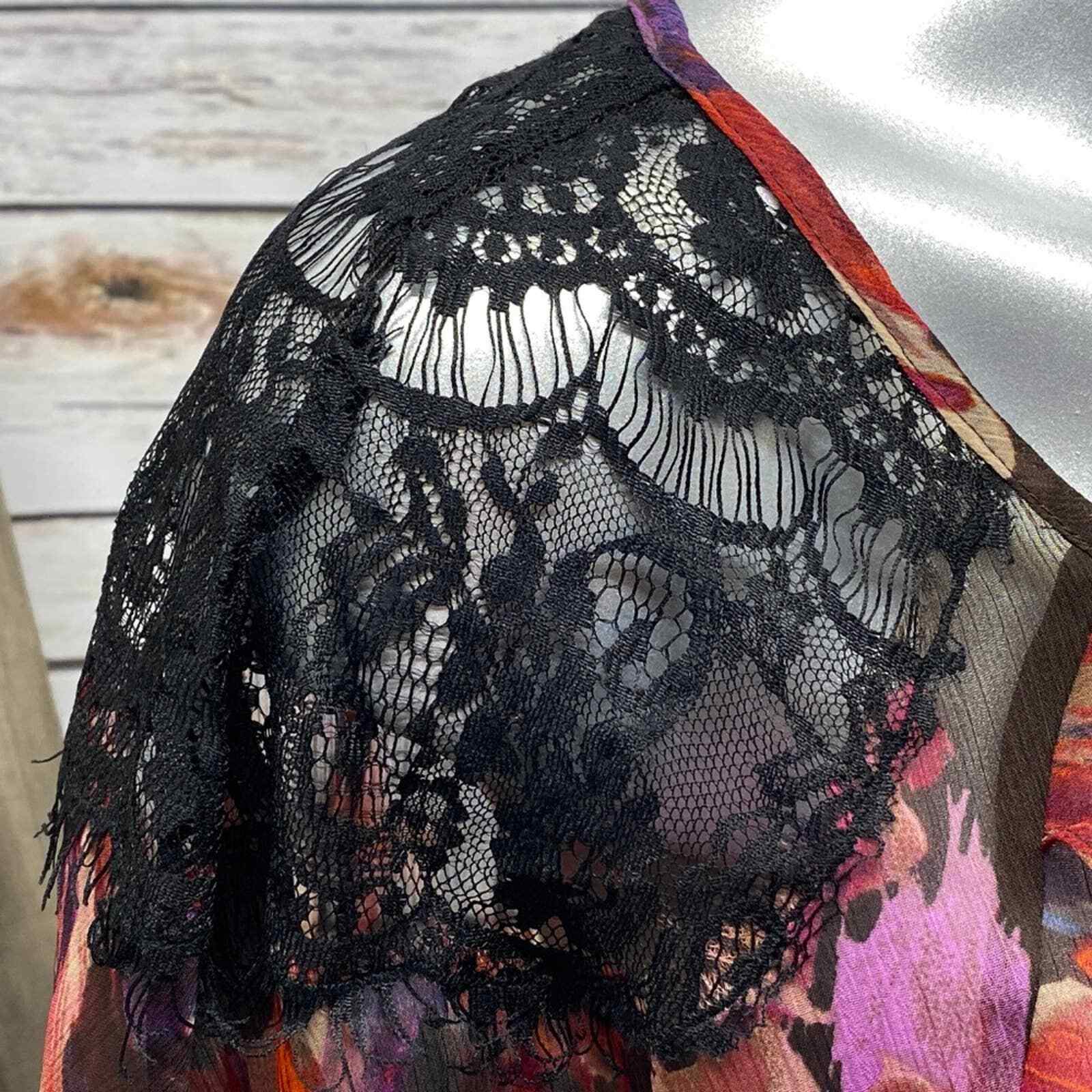 Cache Floral Top Lace See-Through Shoulders M Gathered elastic waist Black Pink