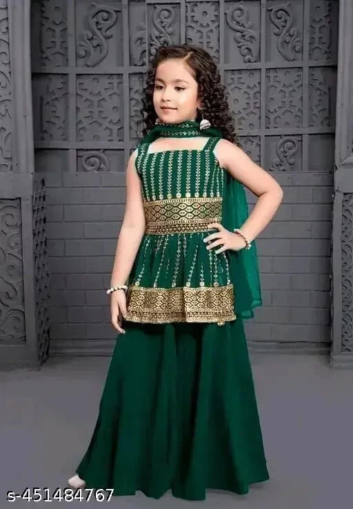 Indian Traditional Kids Embroidery Worked Beautiful Girls Ethnic Kurta Set