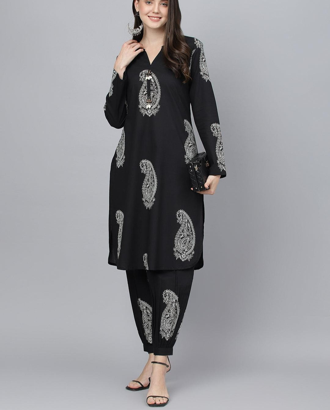 Black Cotton Straight Kurta with Curve Hem Pant Set for Women Plus Size