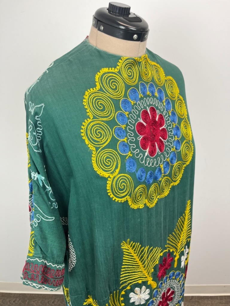 Vintage Green Kaftan Djellaba Maxi Dress Colorful Embroidery L XL XXL Festival