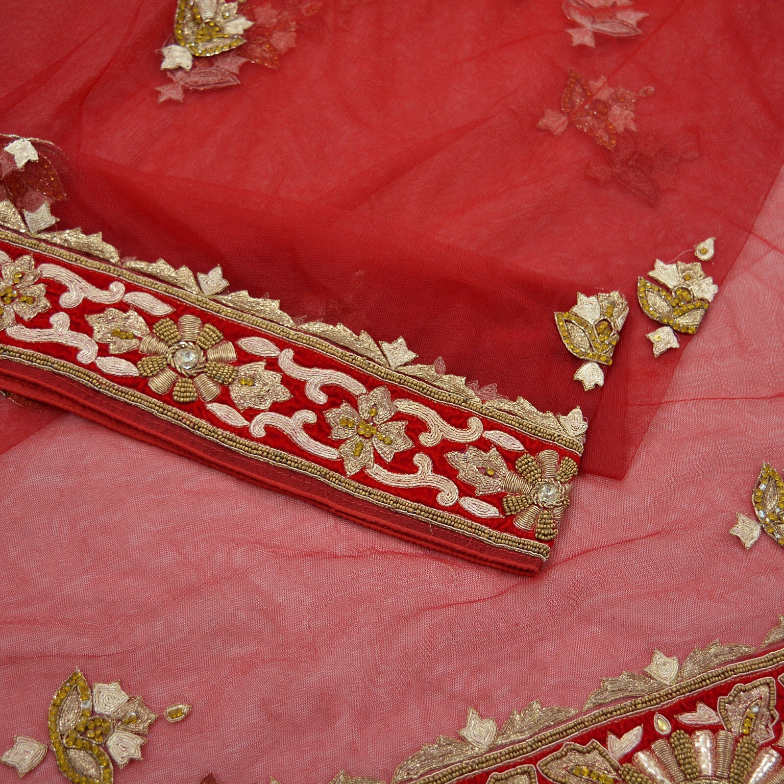 Vintage Heavy Red Dupatta Net Mesh Long Stole Hand Embroidered Scarves Zardozi