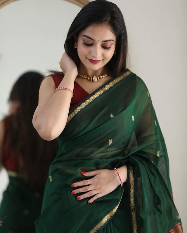 Soft Linen Cotton Saree Jacquard Wedding Party Wear Traditional Indian Sari
