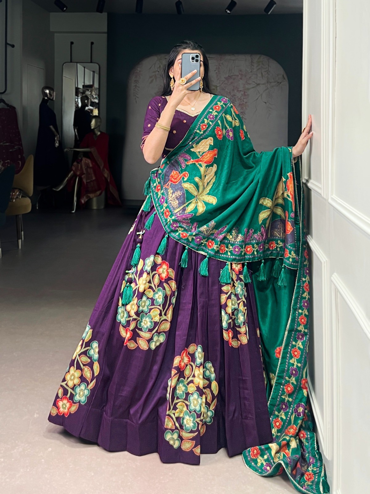 Indian Traditional Tasar Silk Lehenga Choli Foil Print Cultural Outfit For Women