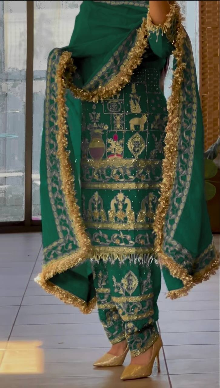 New Wedding Wear Sage Green Natural Crepe Top Dhoti With Dupatta For Women