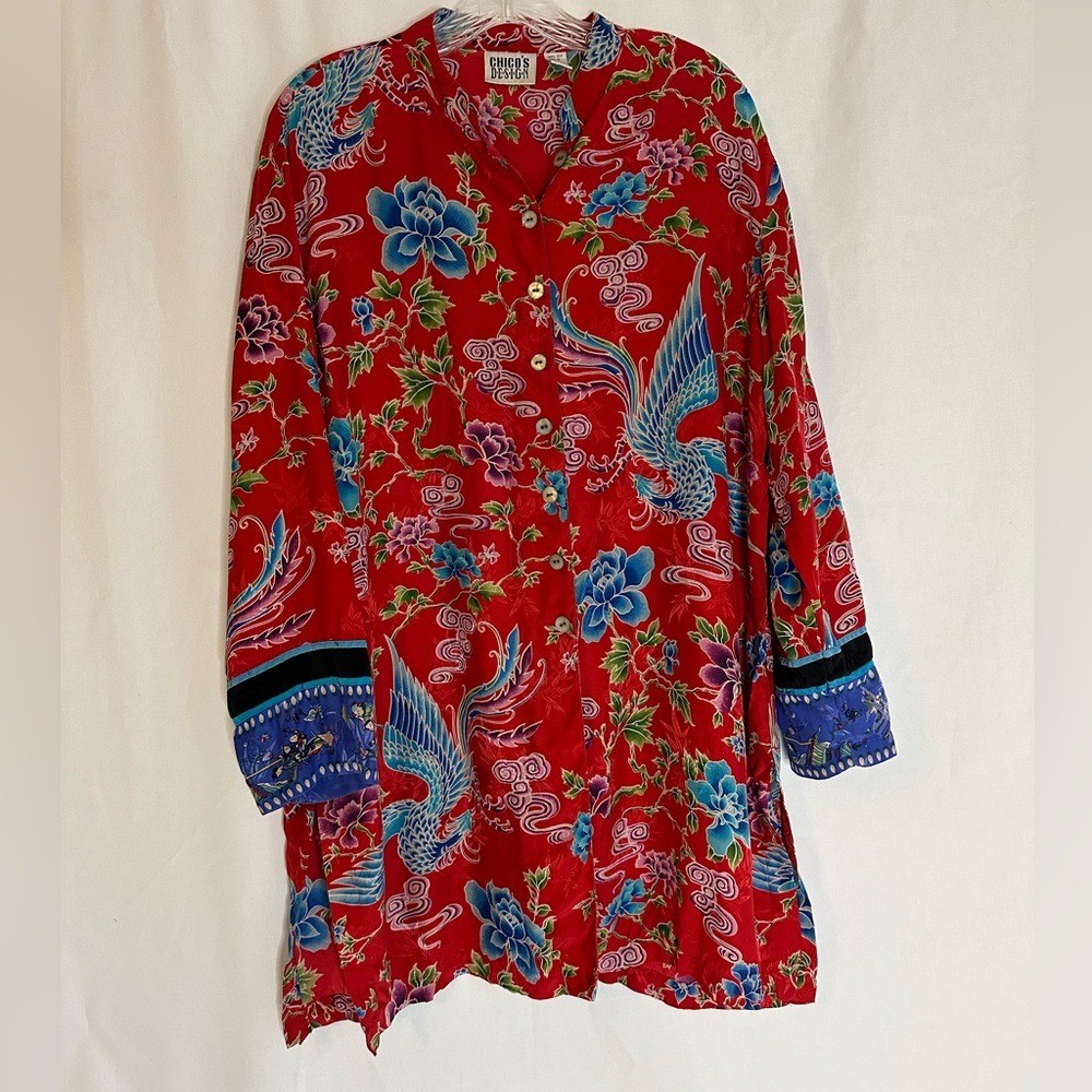Chico’s VINTAGE Silk Button Front Floral Peacock Kimono/Dress | Sz 2 (Med)