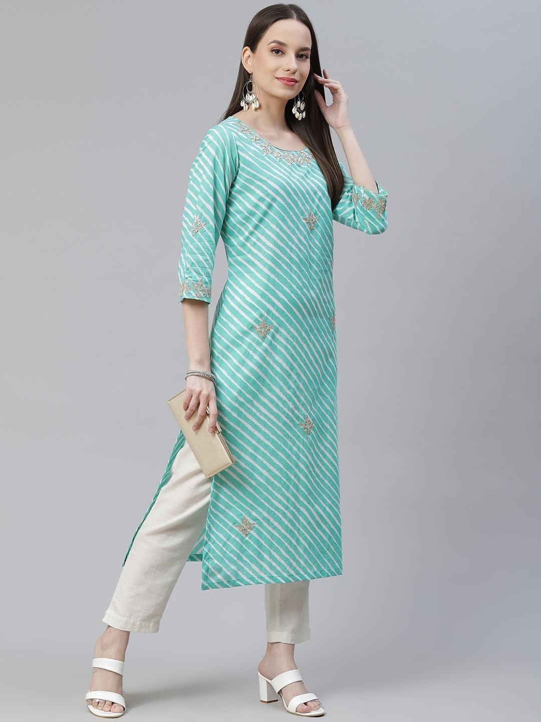 Green Leheriya Cotton Gota Patti Straight Kurta for Women | Traditional Indian E