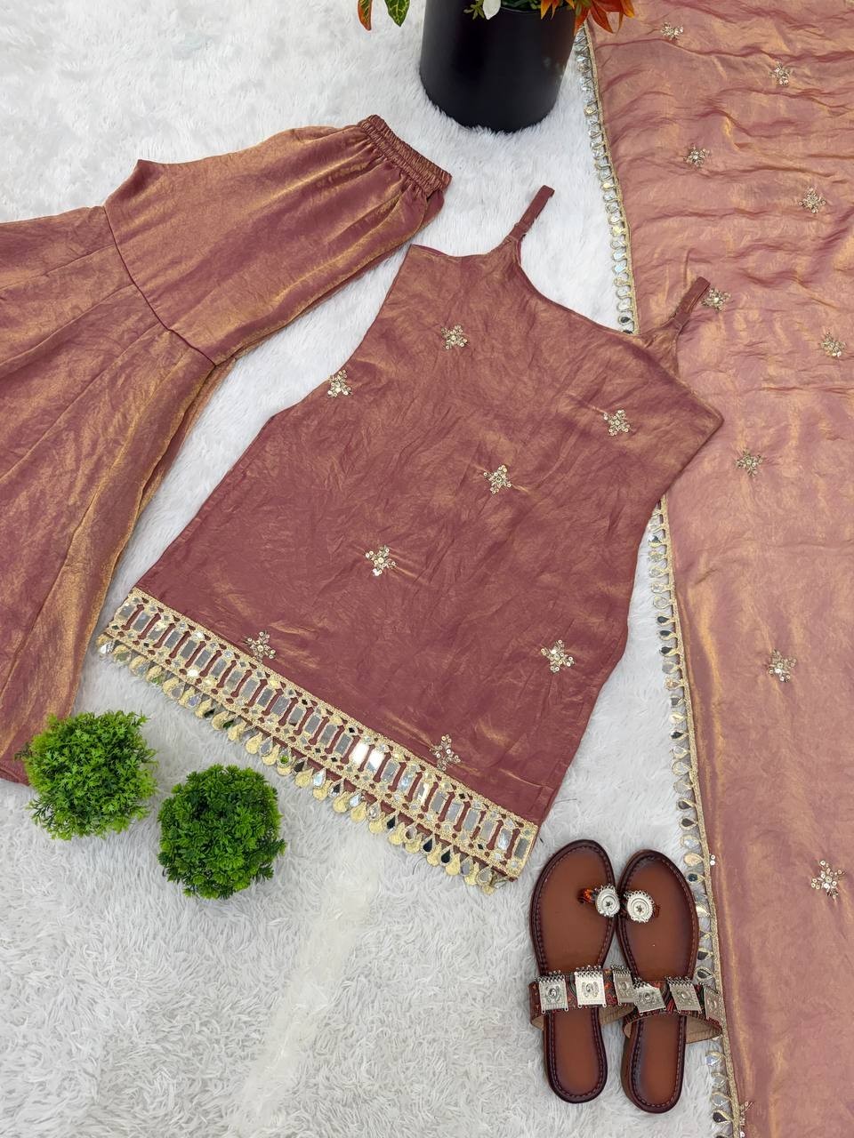 Attractive Look Silk Dusty Pink Top Palazzo With Dupatta For Party Wear