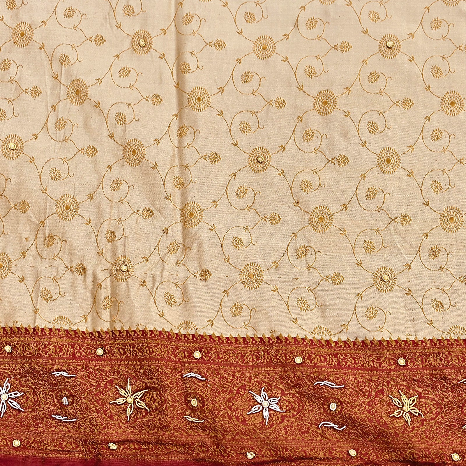 Indian Vintage Beige & Maroon Heavy Saree Pure Satin Silk Hand Embroidered 5yd