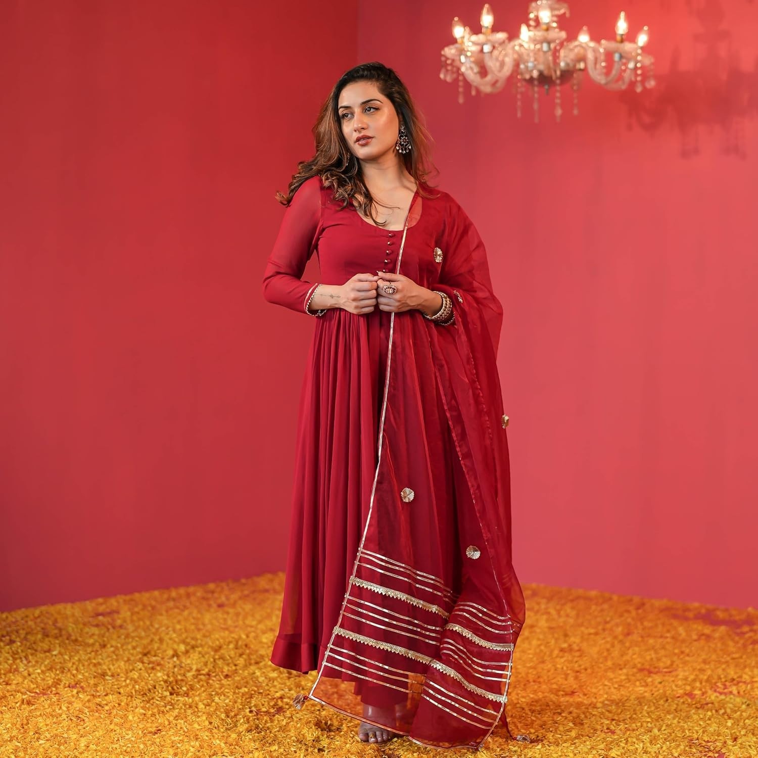 Women’s Rayon Blend Anarkali Solid Kurta with Pant & Dupatta