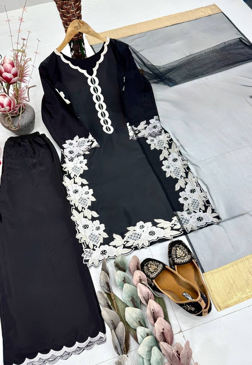 Presenting Heavy Natural Silk Black Top Palazzo With Dupatta For Party Wear