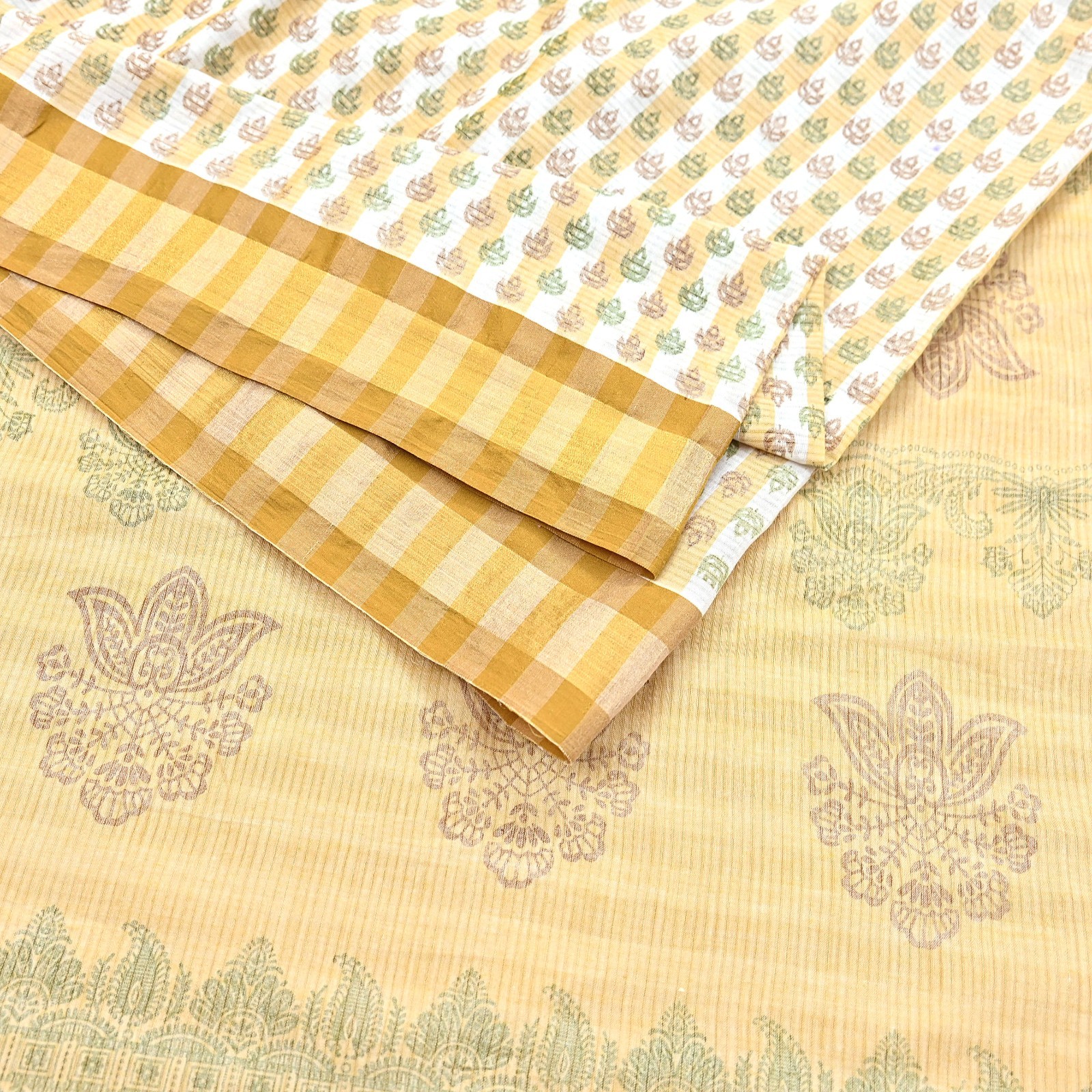 Indian Vintage Sari White & Beige Printed Pure Cotton Sarees Craft Fabric 5YD