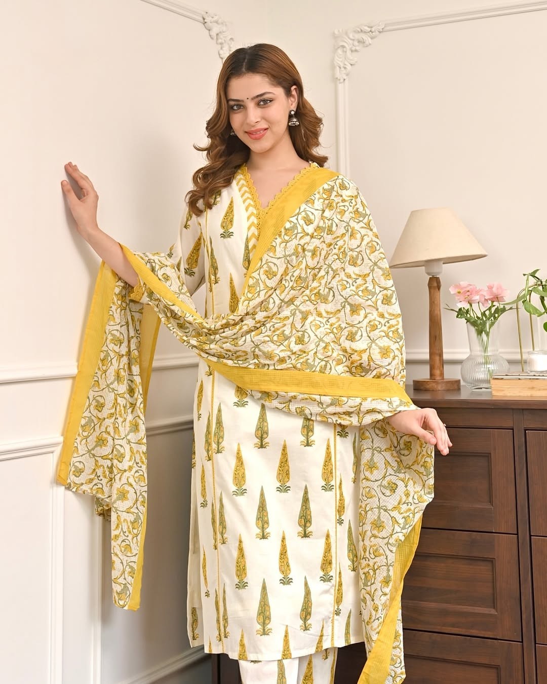 Women’s Mughal Print Cotton Kurta Pant Dupatta Suit Set with Lace Work