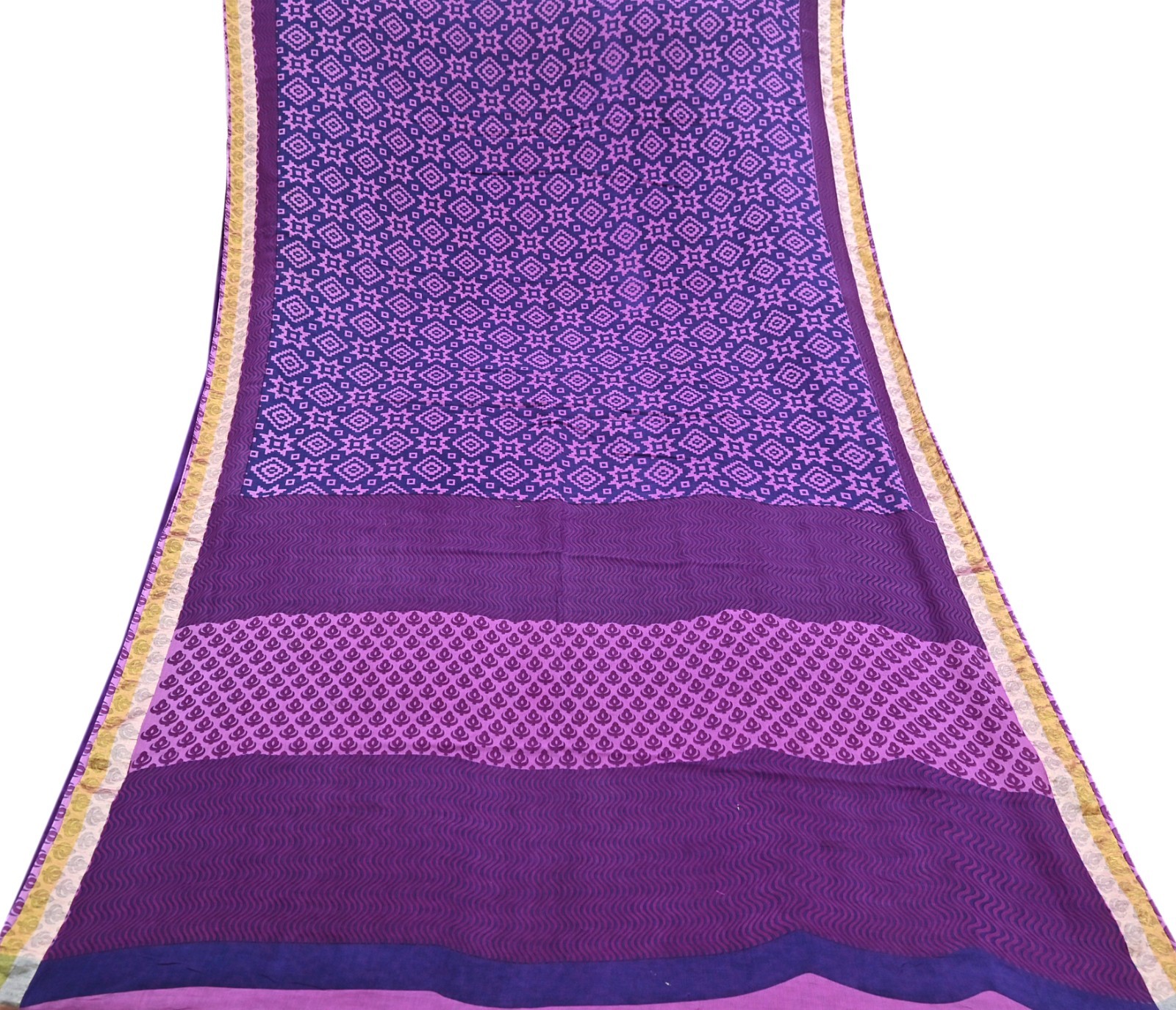Indian Vintage Sari Blue & Purple Printed Pure Cotton Sarees Craft Fabric 5Yd