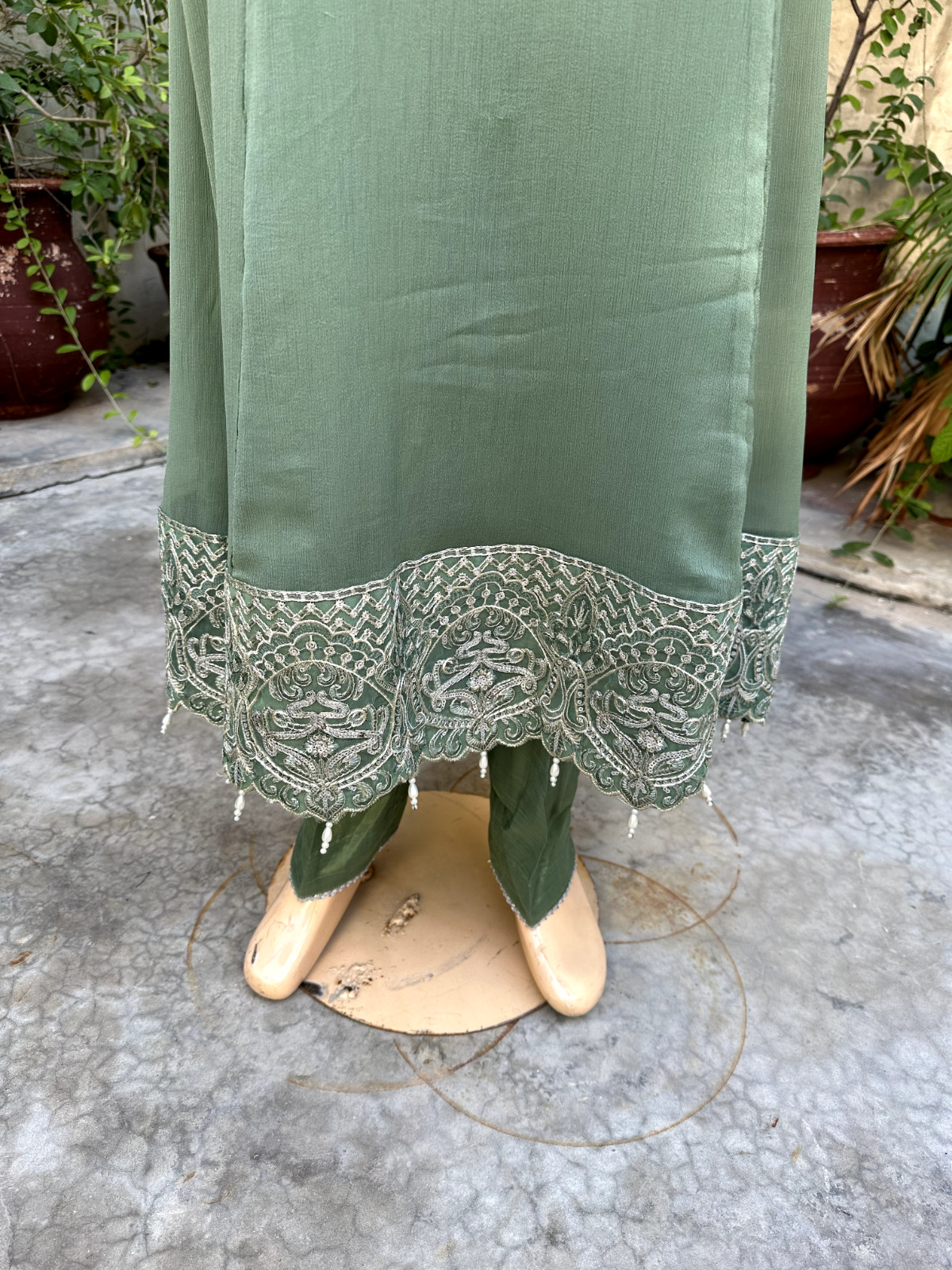 Pakistani Sage Green Long Style Embroidered Sequins fancy Chiffon Dress,XL
