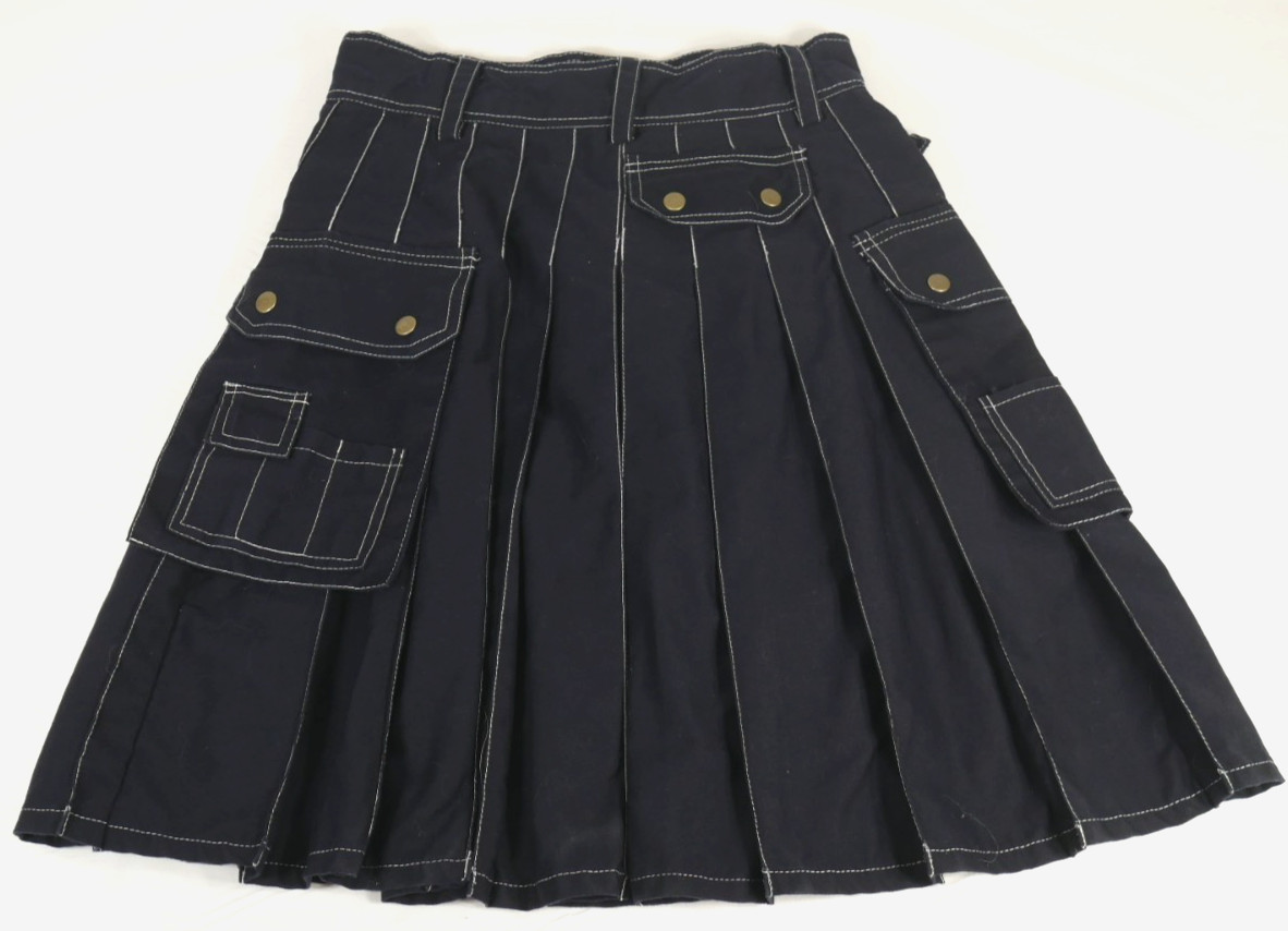 Black Utility Kilt Cargo Pockets White Stitching Snaps 100% Cotton Adult Size 30