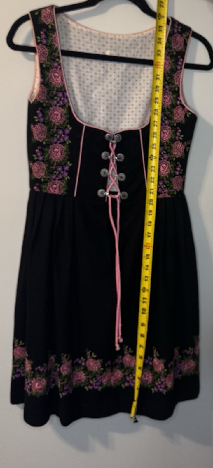 Handmade Women’s Dirndl Dress Black Floral Embroidered Lace-Up Wool Size 36