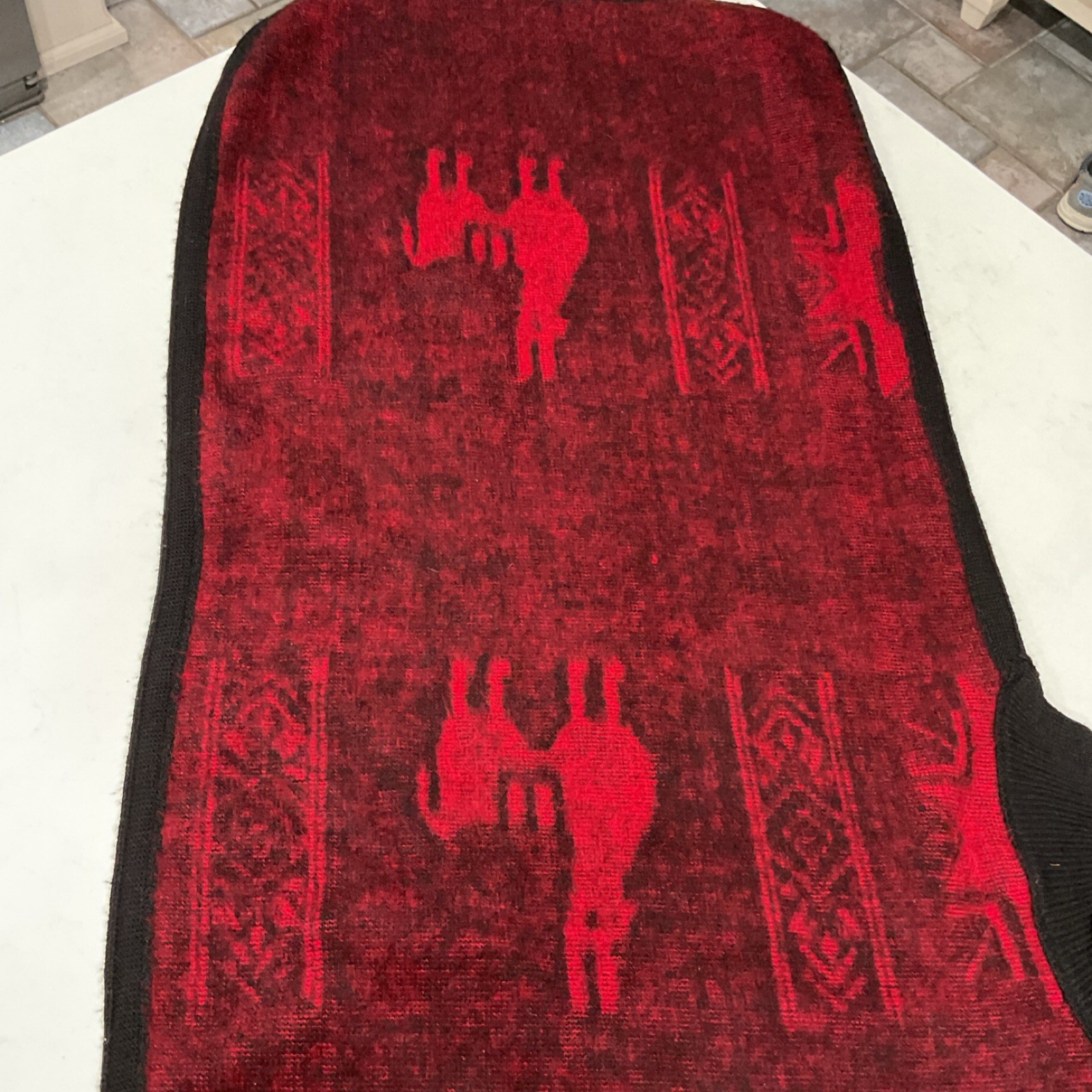 Handmade Black and Red Wool Poncho Latin American Andean Llama Motifs One Size
