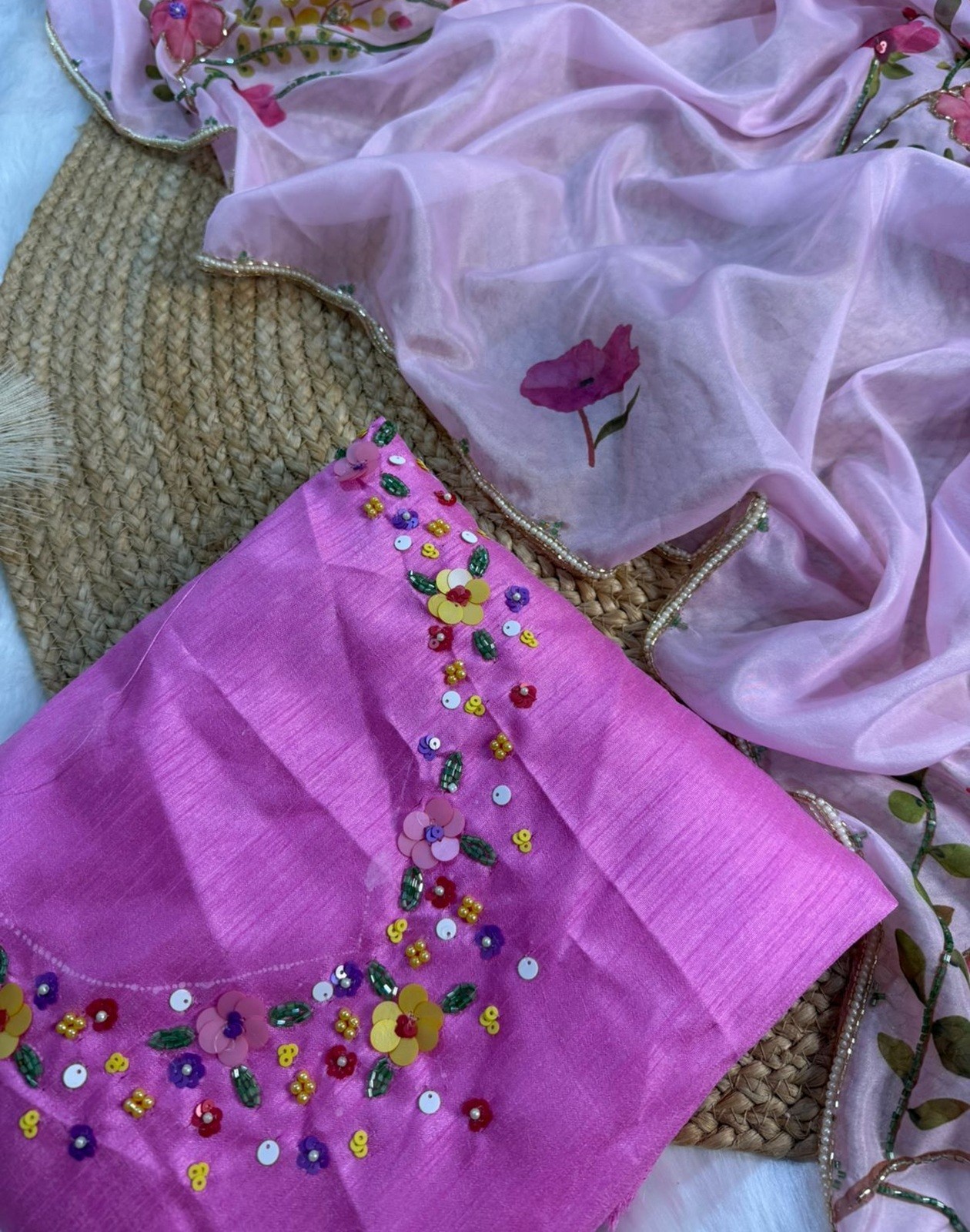 Tebby Silk Floral Saree with Cutdana & Sequence Handwork With Cutwork Border