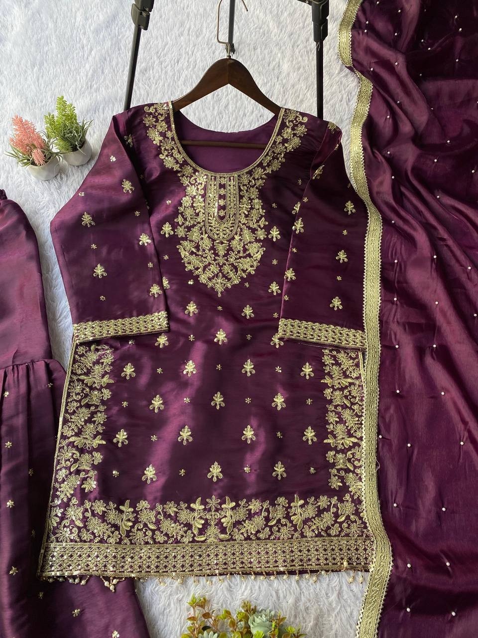 Stunning Look Heavy Silk Wine Top Palazzo With Dupatta For Function Wear