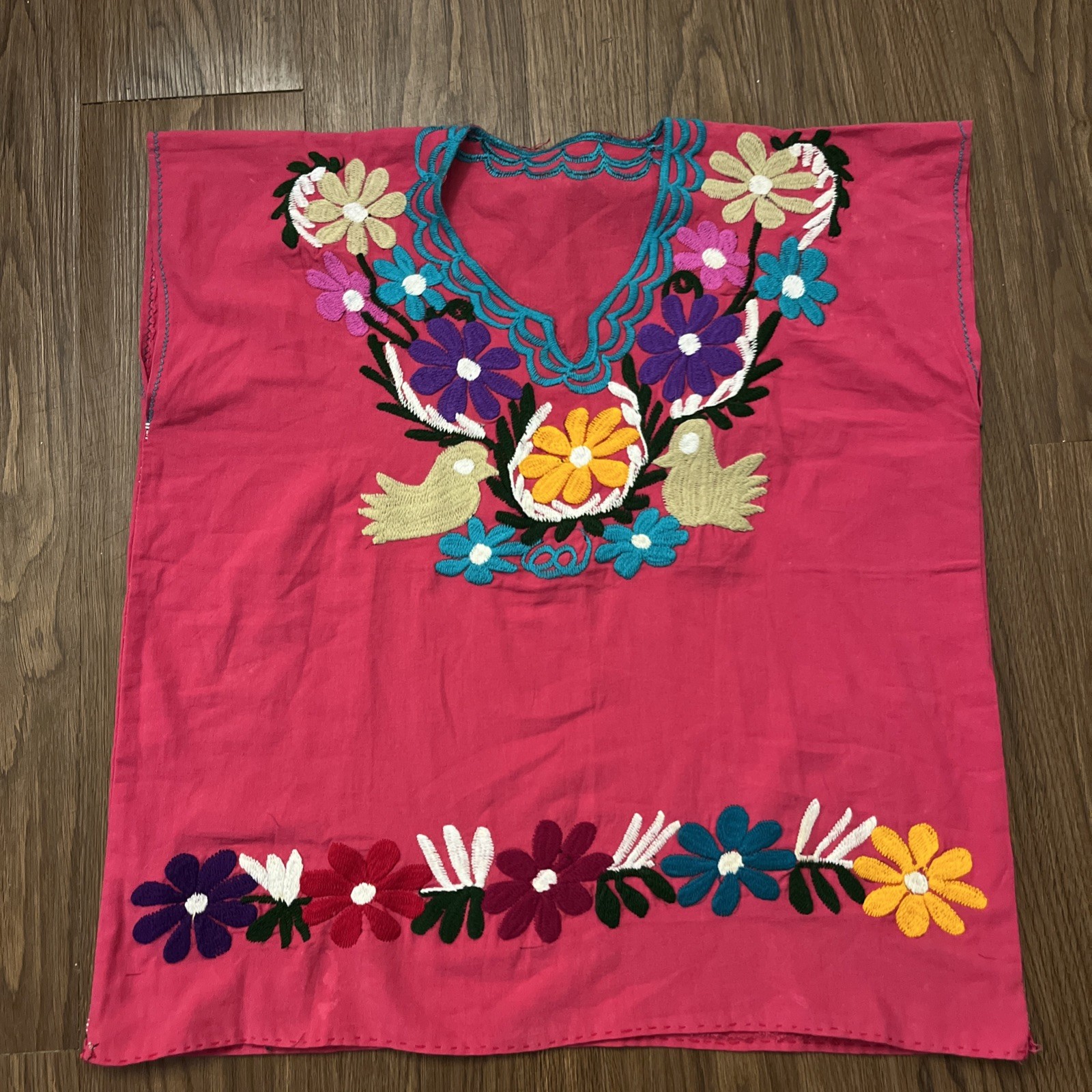 Vintage Guatemalan Huipil Poncho Top Heavy Embroidered Handwoven Birds Flowers