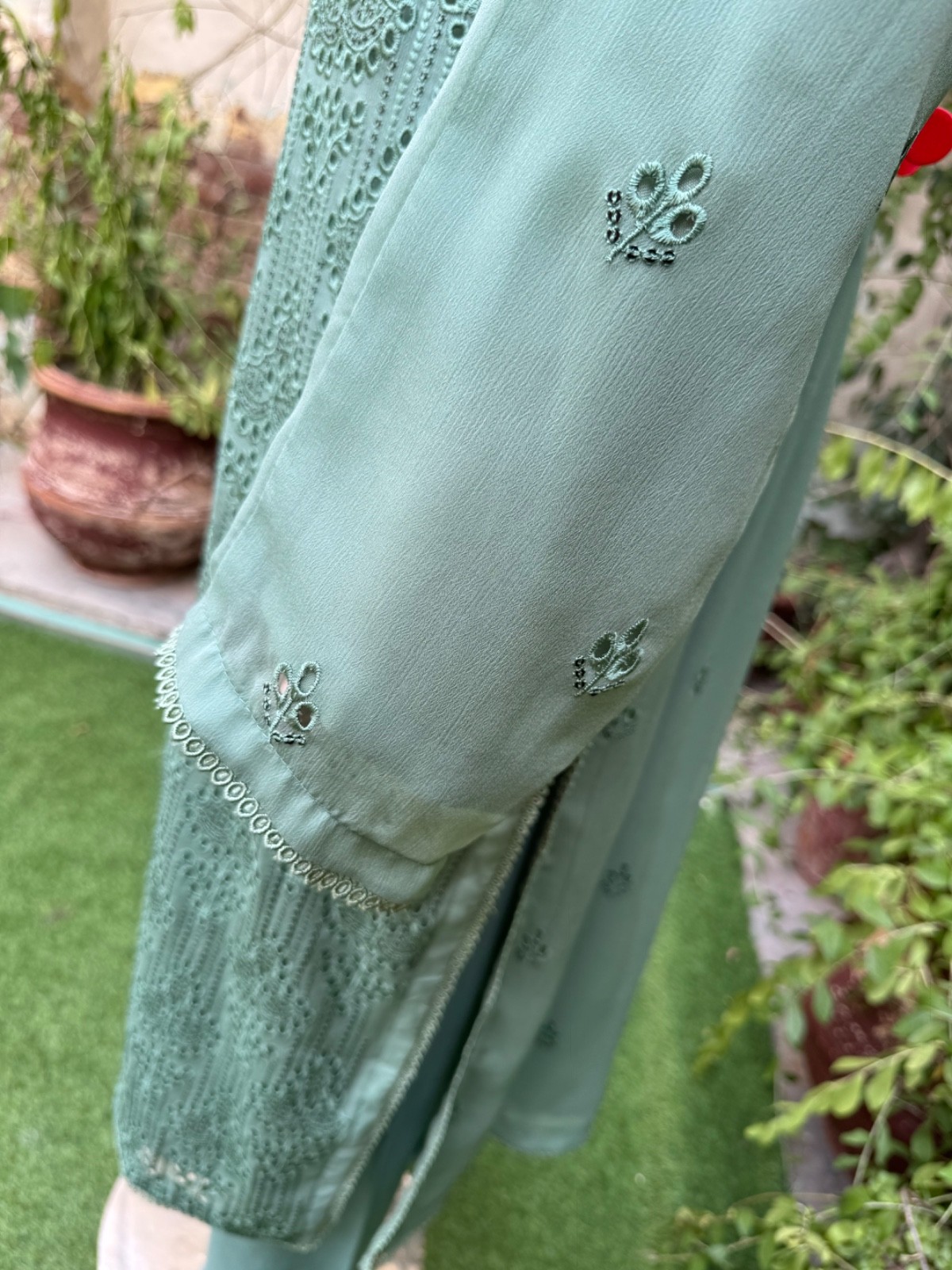 Pakistani Sage Green 3 Pcs Fancy Chiffon Dress with thread embroidery ,L