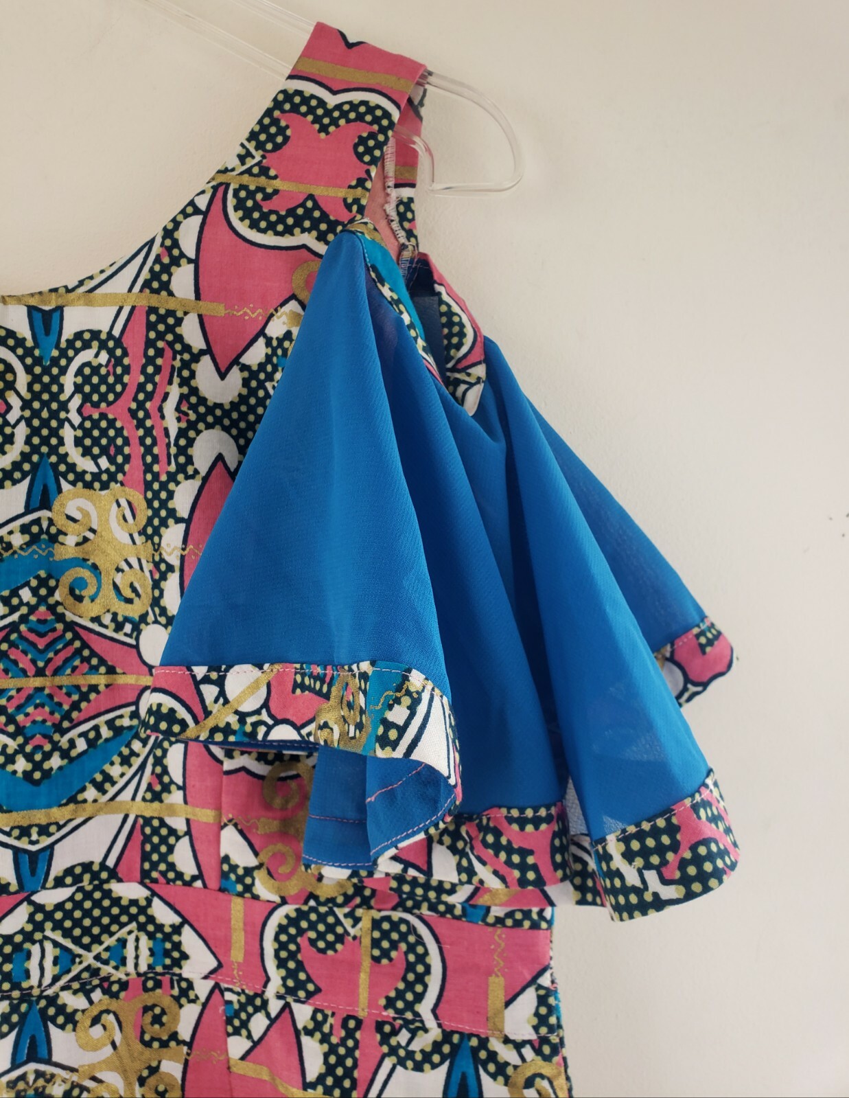 AFRICAN Ankara Print Cotton Cold Shoulder Shift Dress Pink/Blue Multi Color…