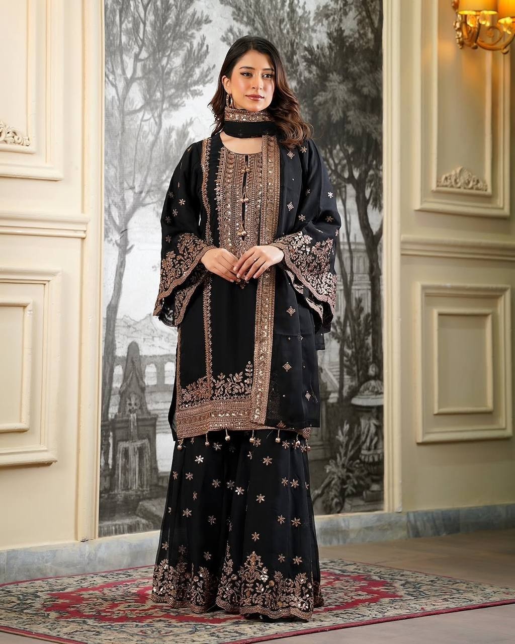 Latest New Silk Black Top Palazzo With Dupatta For Indian Reception Wear