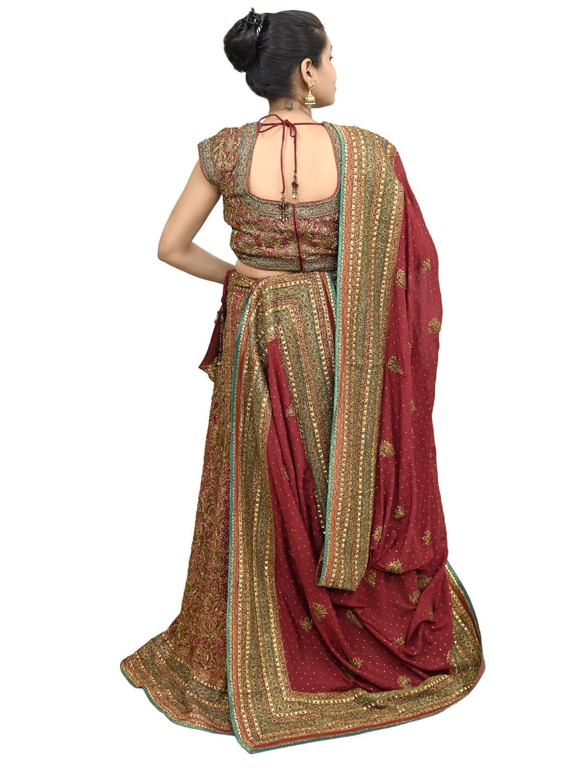 Pre-owned Maroon Pure Silk Hand Embroidered Ritu Kumar Designer Lehenga 3pcs set