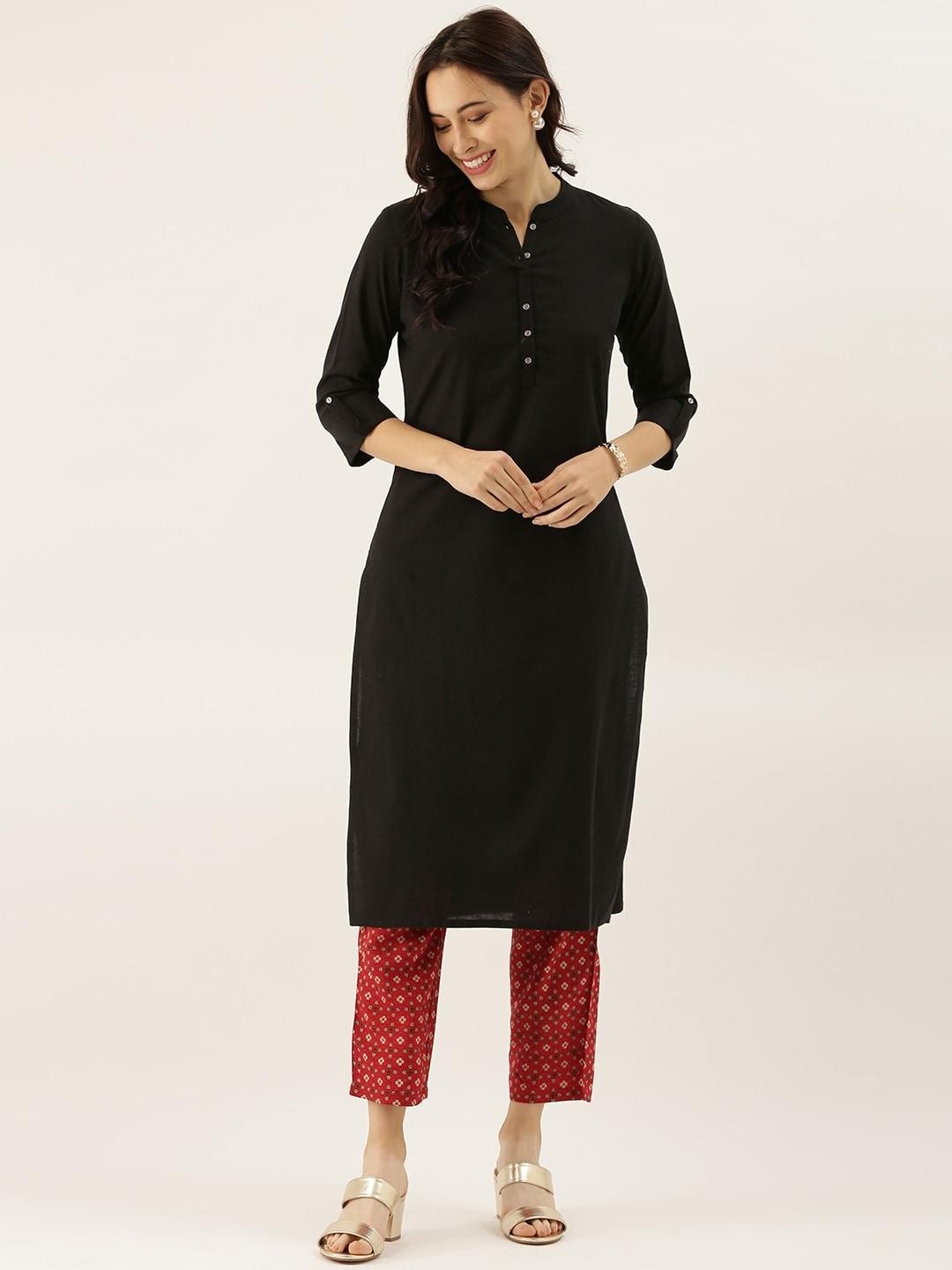 Black Solid Straight Roll Up Sleeve Kurti for Women Casual Ethnic Wear Plus Size