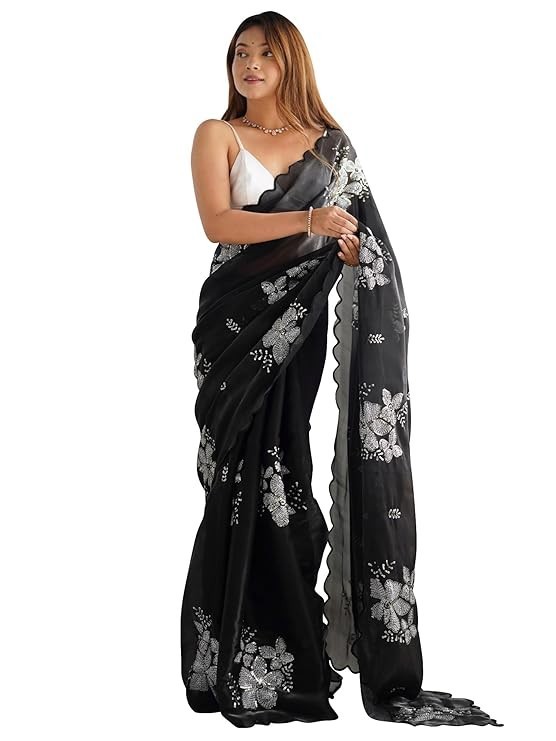 Women’s Shimmer Organza Sequence Embroidery Saree With Unstitched Blouse Piece