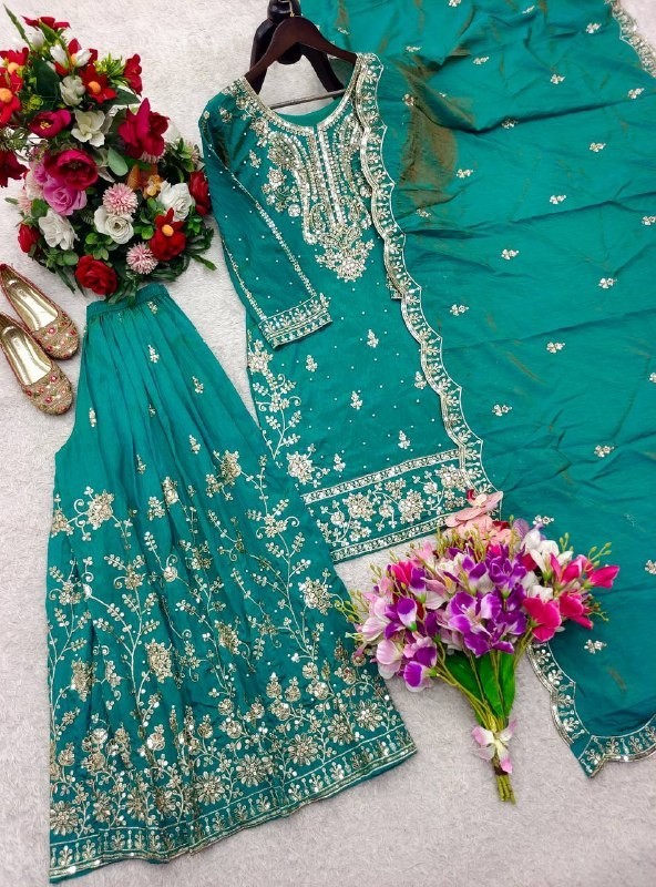Function Wear Pure Satin Silk Teal Green Top Palazzo With Dupatta For Women