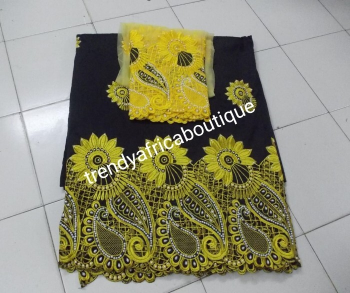 Black/yellow embriodery & crystal stones Taffeta George Nigeria parties. 7yds