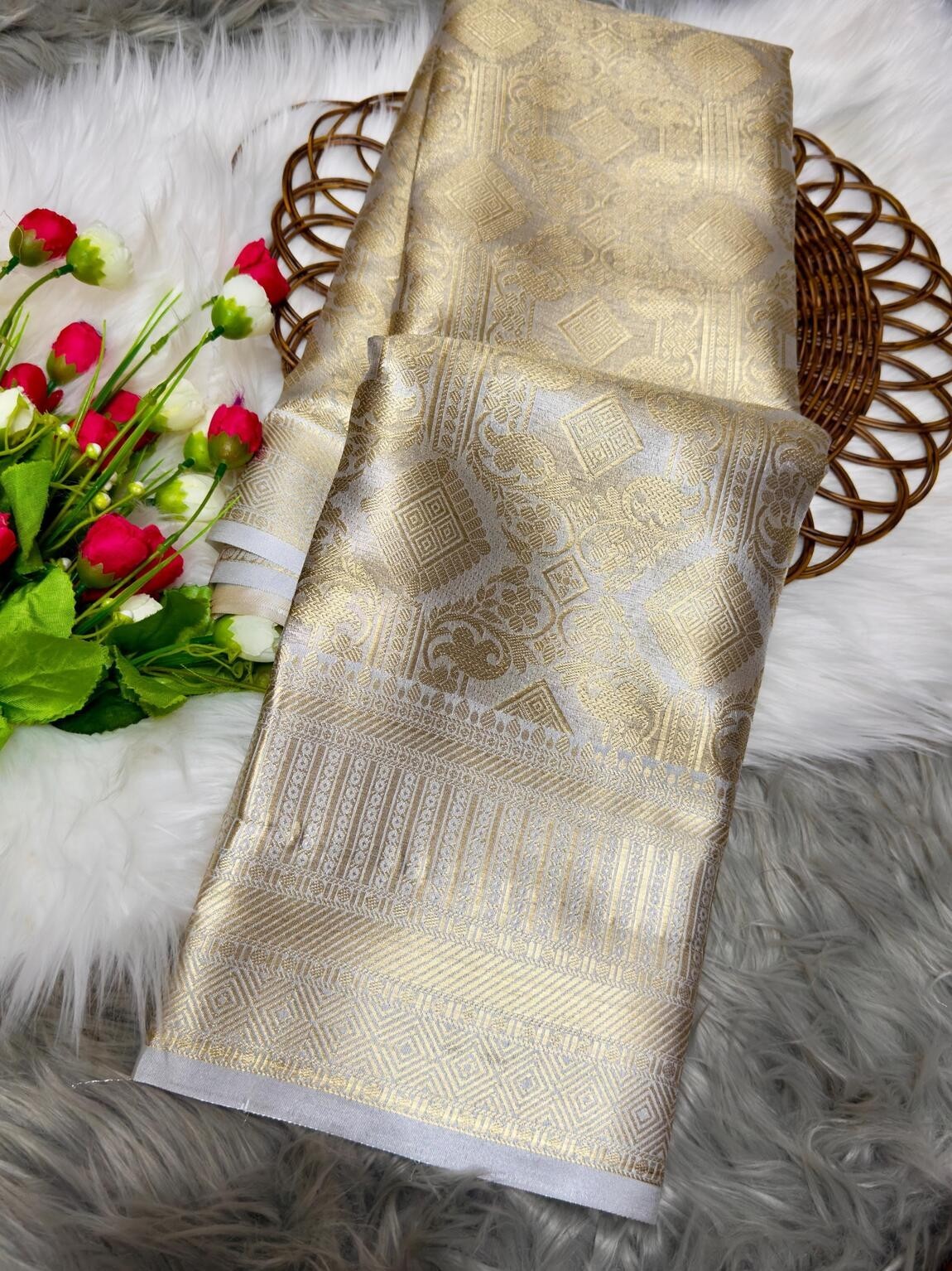 Women Silver Kanjivaram Silk Saree Zari Work Traditional Wear With Blouse
