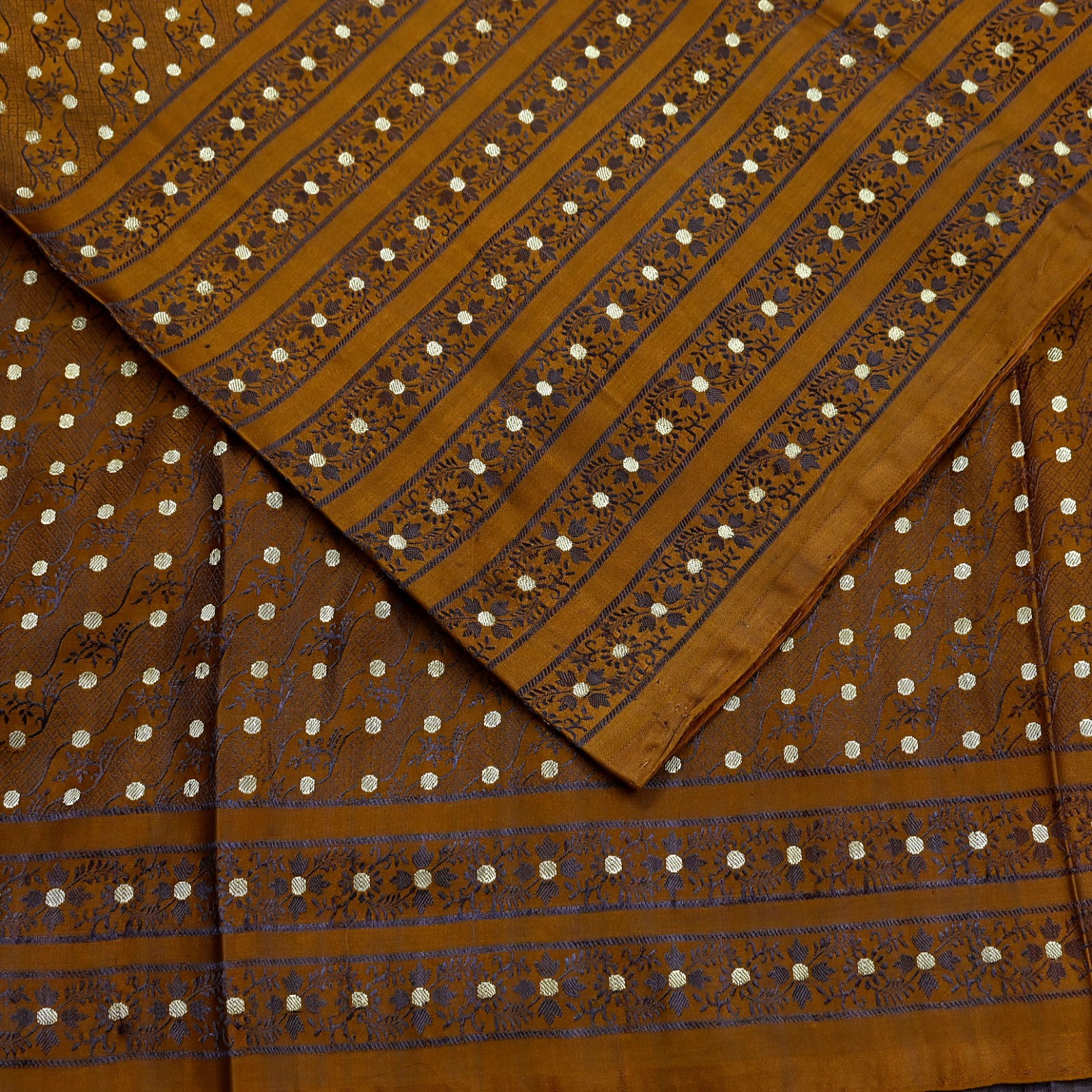 Vintage Sari Golden Brown Heavy Pure Satin Silk Woven Banarasi Tanchoi Saree 5Yd