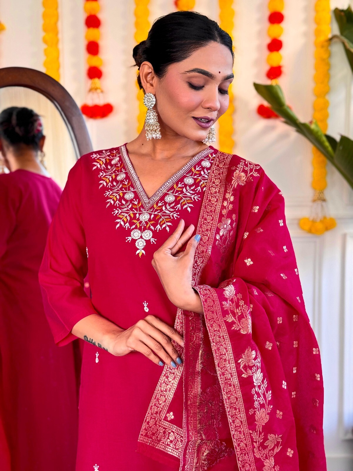 Indian Wedding Wear Kurta Palazzo Dupatta Set Christmas Wear Red Salwar Kameez