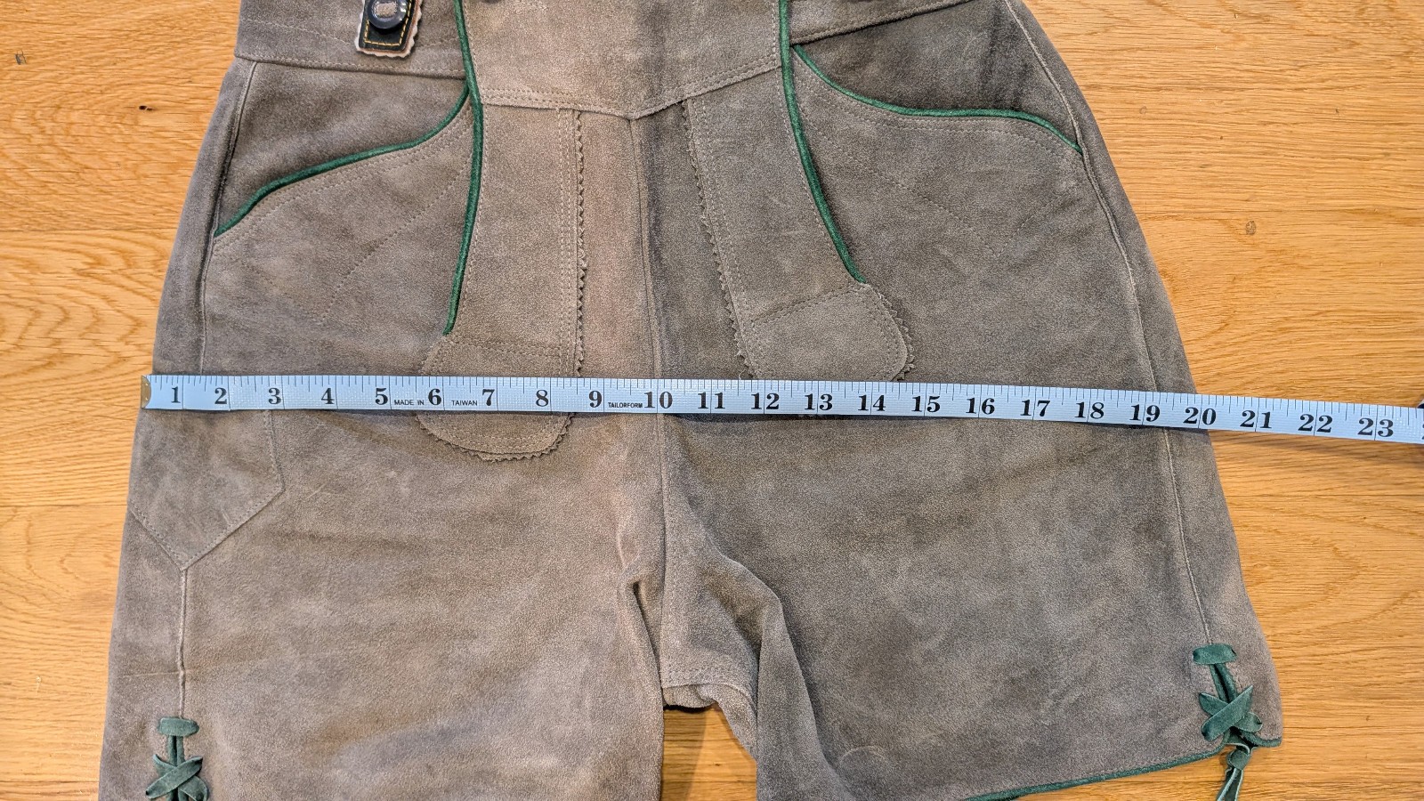 Vintage German Lederhosen Suede Shorts Grey Green Piping Suspenders Sz 40