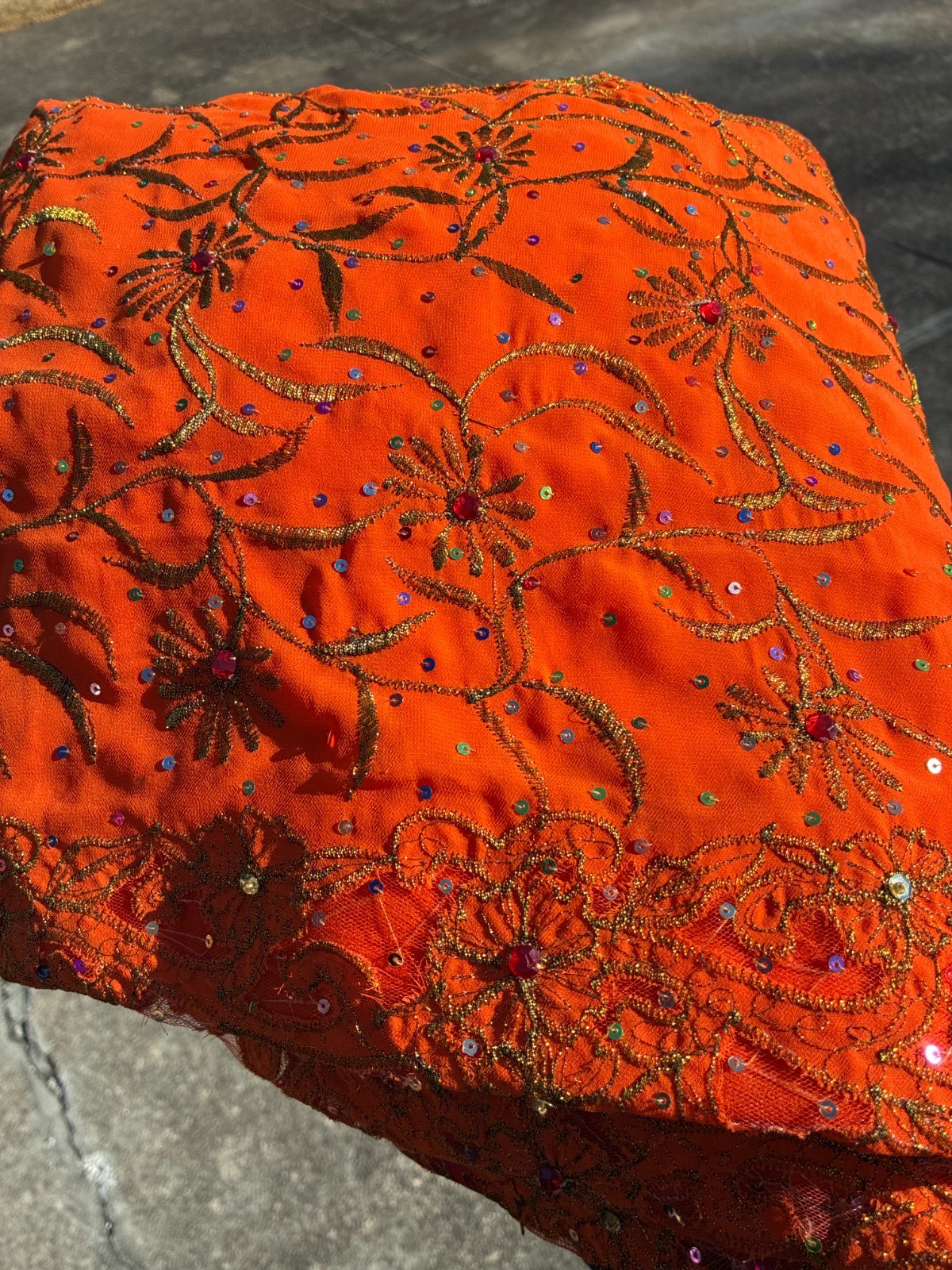 Vintage SARI Wrap ORANGE SHeer Chiffon Embroidery SEQUIN Fabric 6 yds 45″ Red