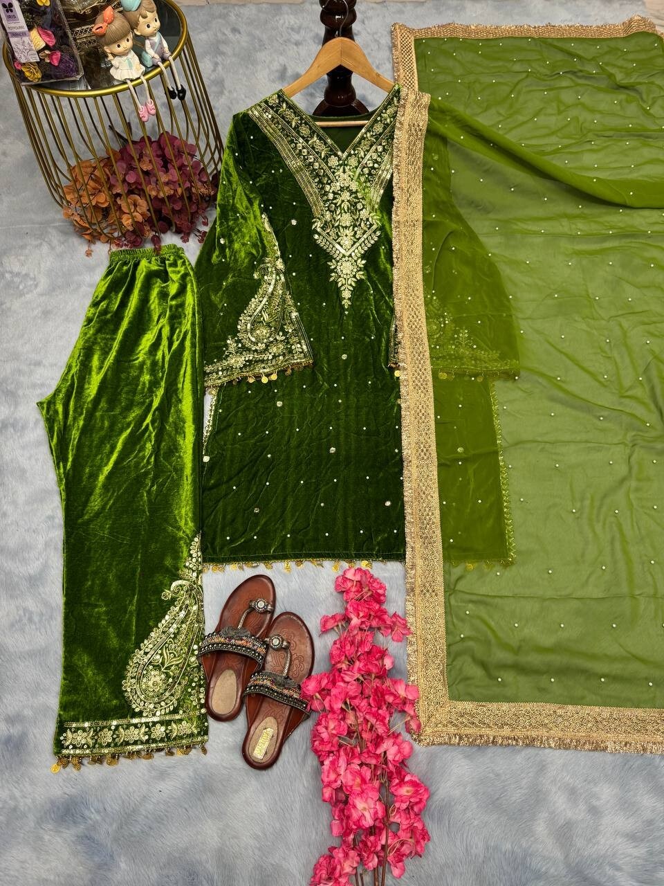 Green Heavy Viscose Velvet Palazzo Suit With Dupatta For Women & Girls