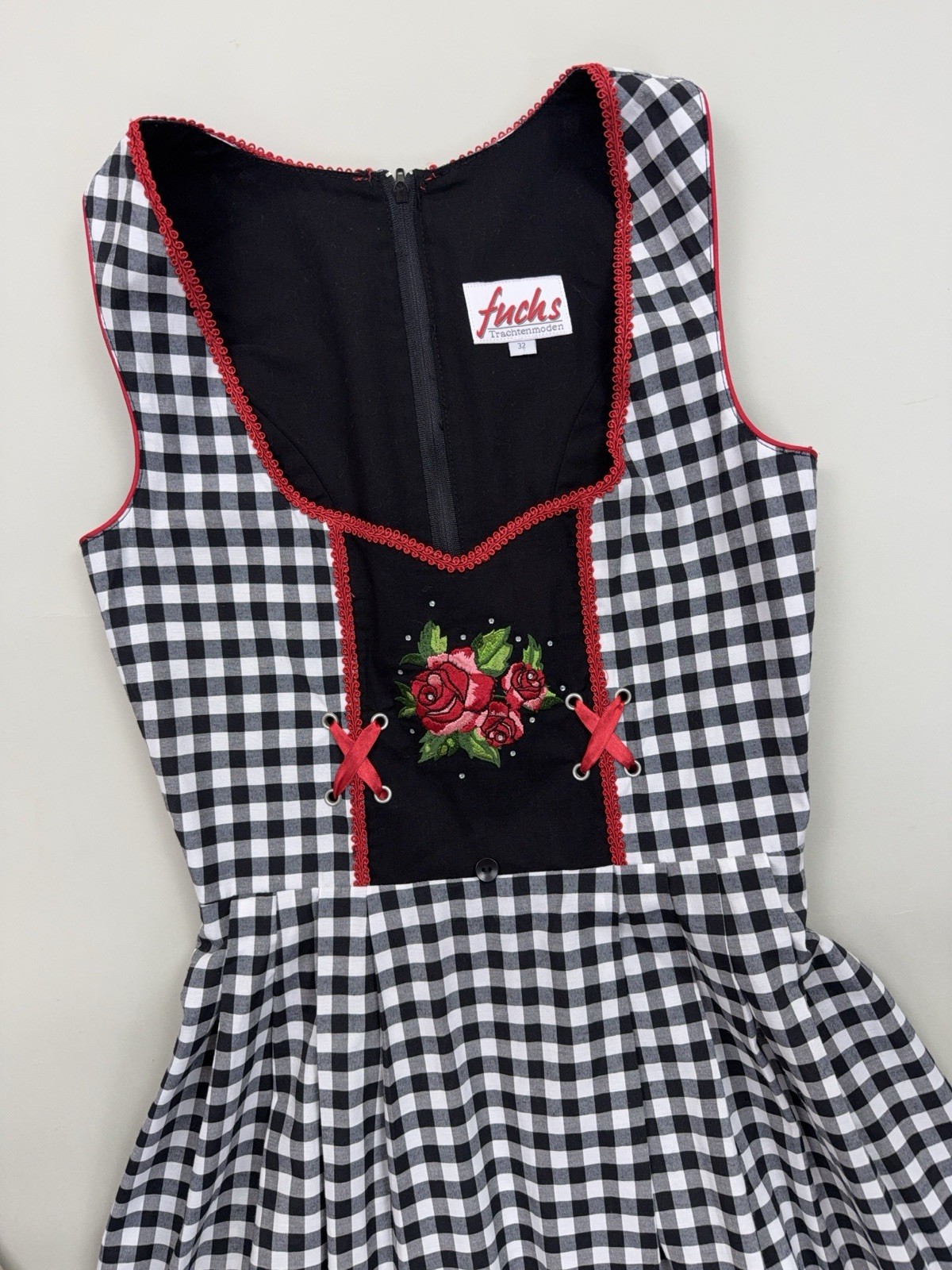 Fuchs Trachten Cotton Blend Dirndl Dress Black White Check Oktoberfest 2XS